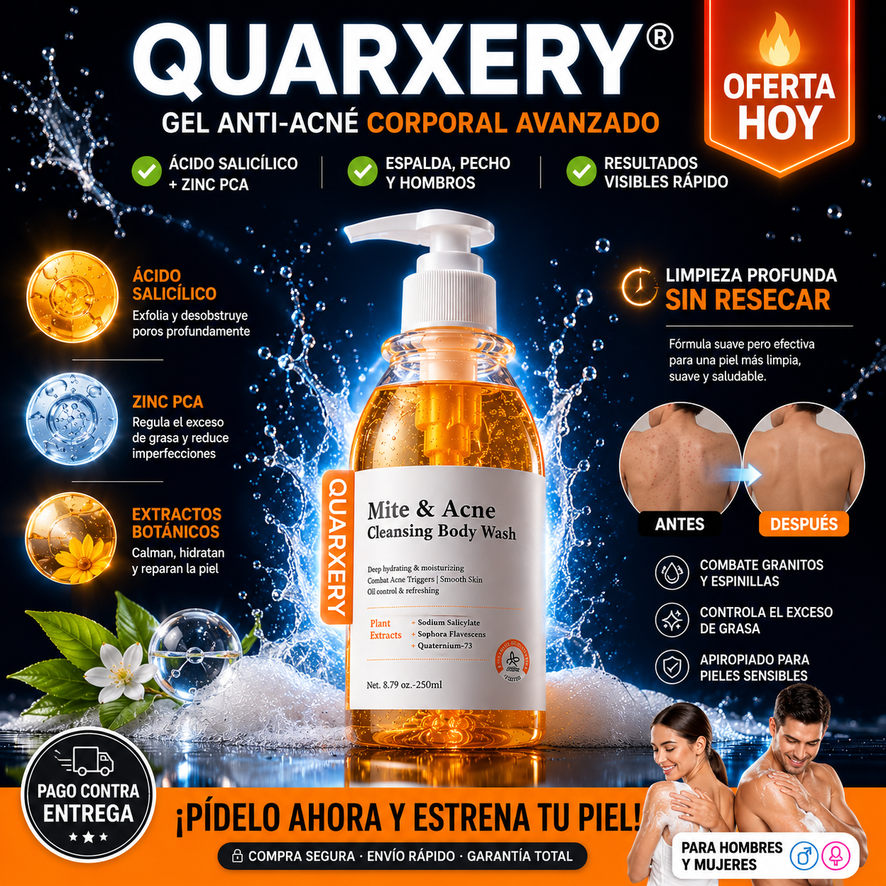 Quarxery Gel Anti Acné Corporal | Piel Limpia y Sin Granitos Desde la Primera Semana