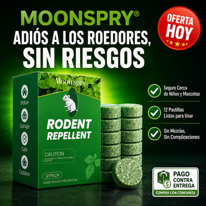 12 Pastillas MoonSpry® Rodent Repellent | Aleja a los Roedores de tu Hogar Sin Complicaciones