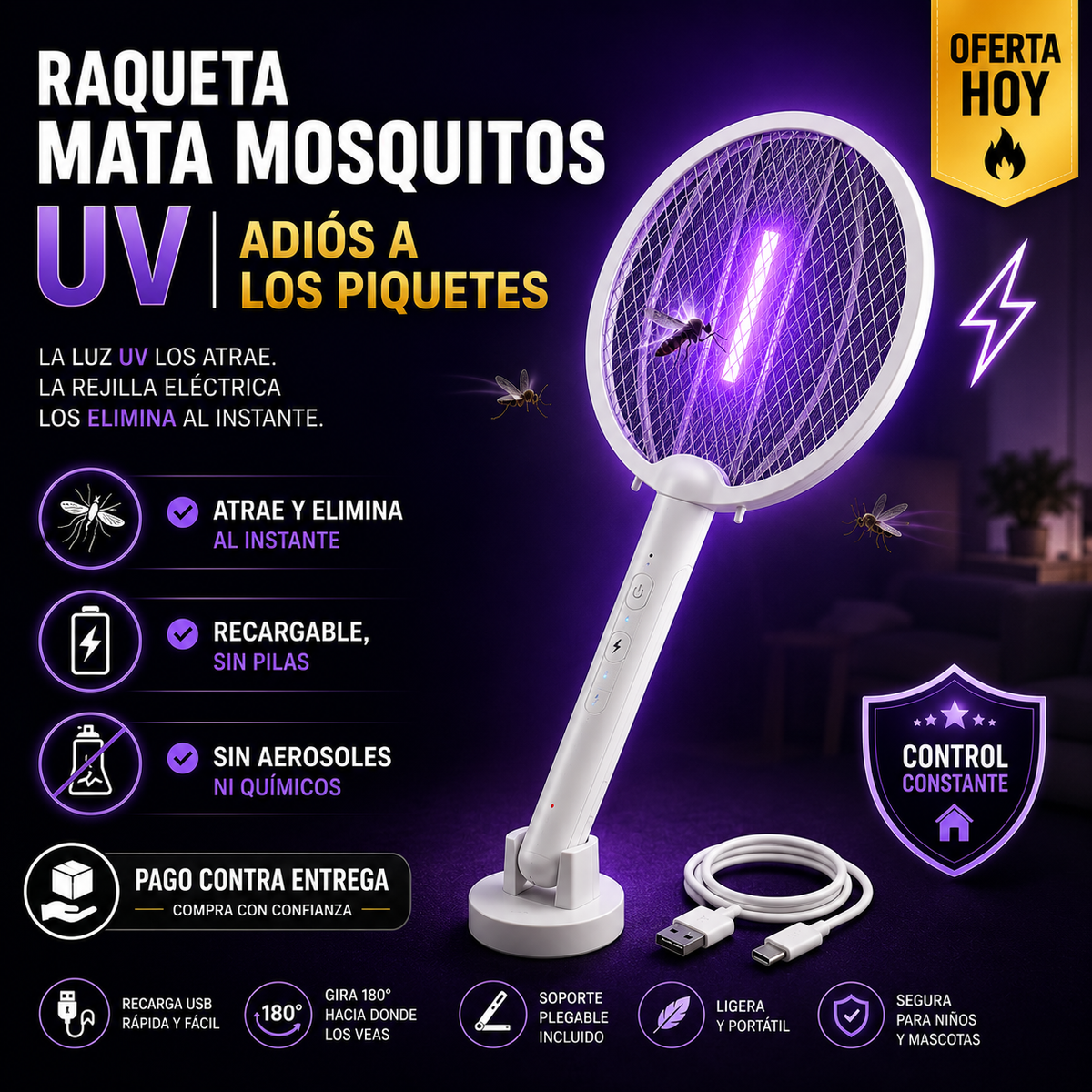 Raqueta Eléctrica Mata Mosquitos | Adiós a los Mosquitos Sin Químicos