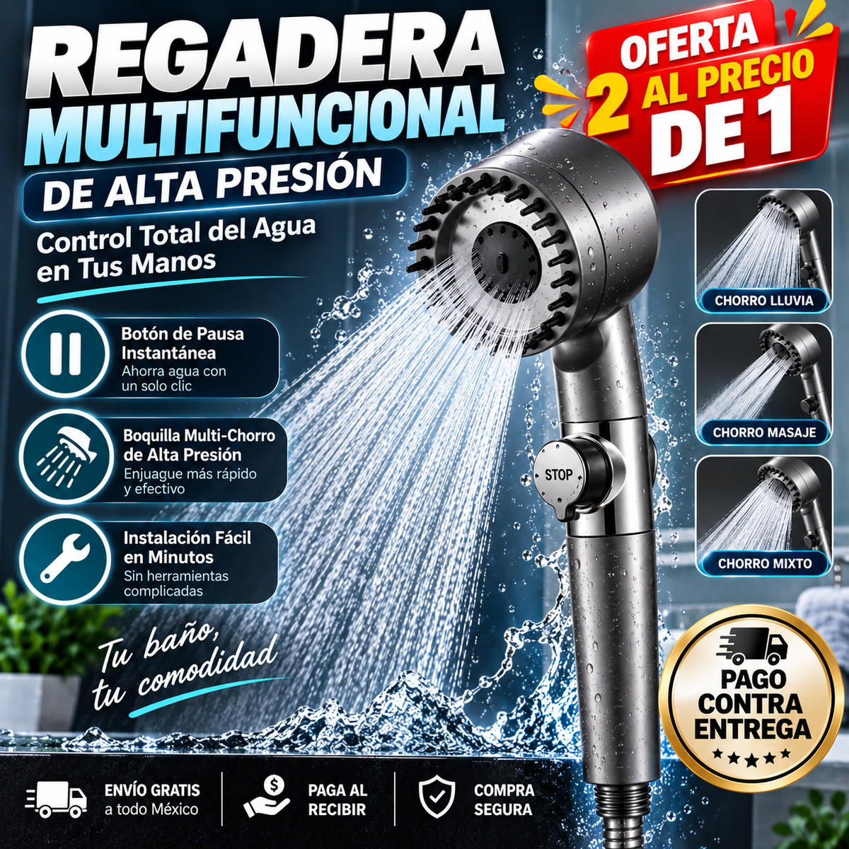 Regadera Premium Multifuncional de Mano | Control Total en Cada Ducha