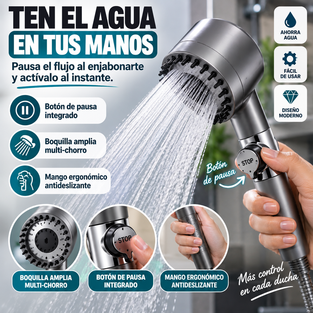 Regadera Premium Multifuncional de Mano | Control Total en Cada Ducha